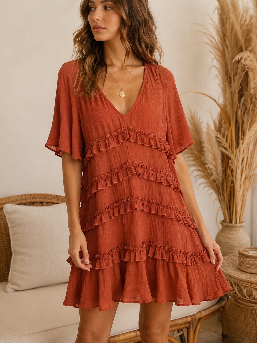 Flawless Rust Boho Tiered Ruffle Dress L Prairie Cottagecore Lagenlook